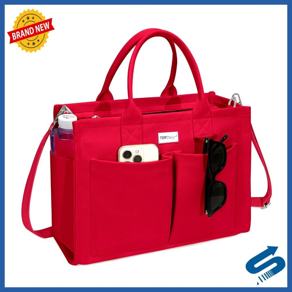 Heavy-Duty Canvas Tote Bag with 9 Pockets, Adjustable Crossbody Shoulder Strap